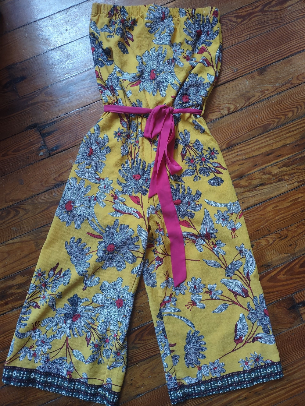Purple Snow Yellow Floral Strapless Wide-Leg Jumpsuit with Pink Sash Small